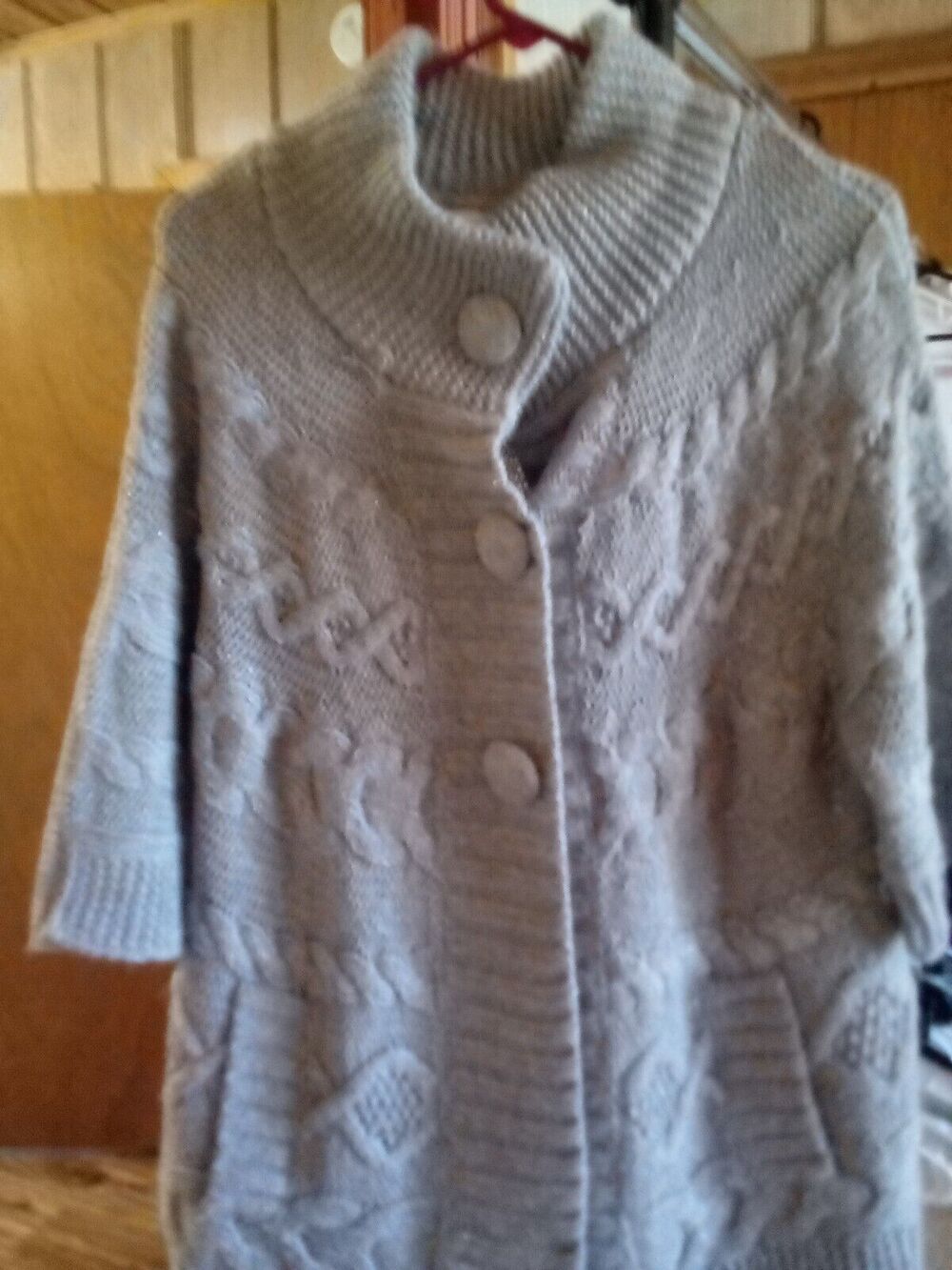 Chico's Sz 2 Gray Acrylic Rabbit Hair Blend Chunky 3Button Snap Cardigan Sweater